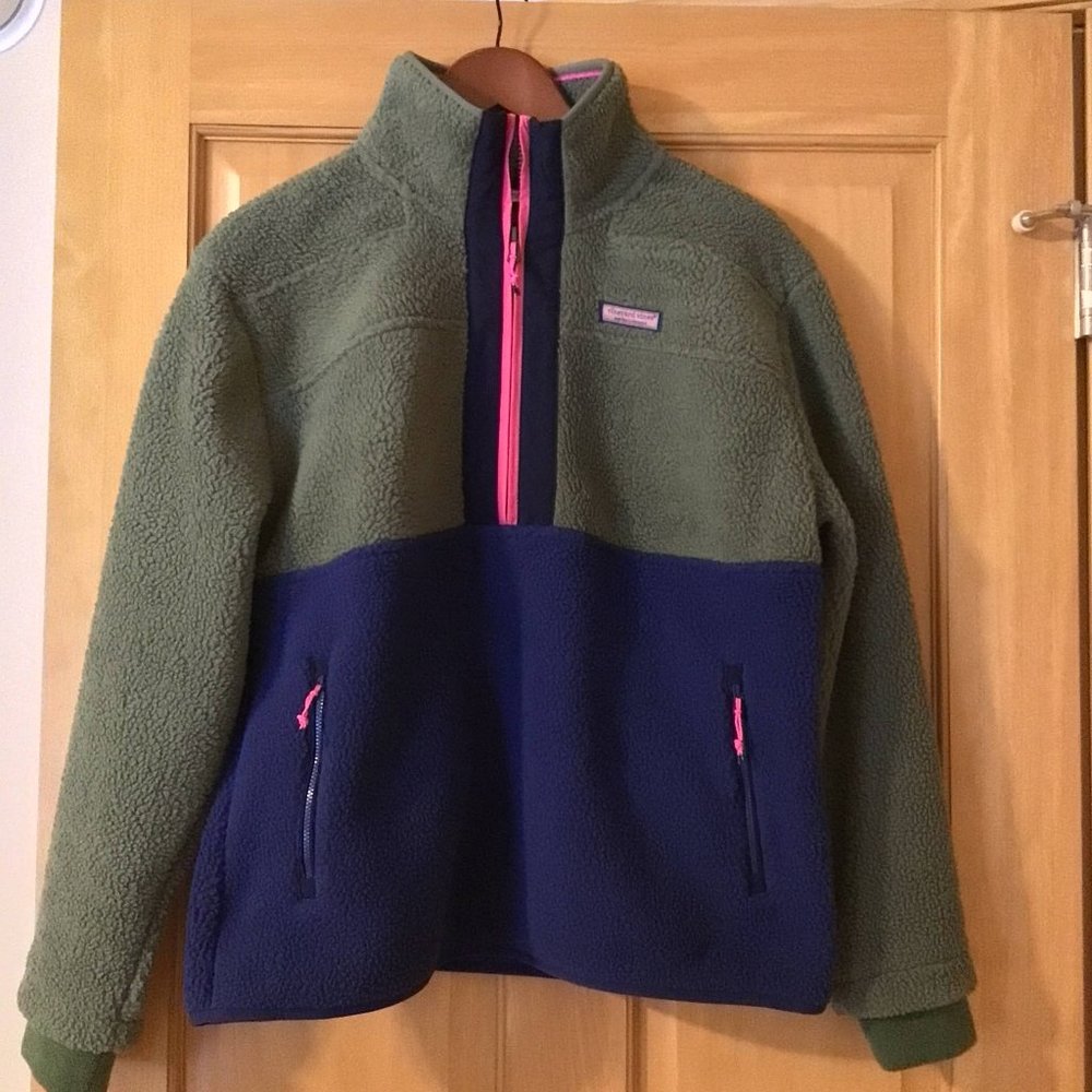 Vineyard Vines Olive Green & Navy Fleece Half-Zip Hoodie with Pink Accents